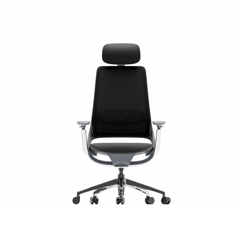 TWHEELS Bürostuhl ProActive mit schwarzem Air-Mesh-Rücken und Kopfstütze.
