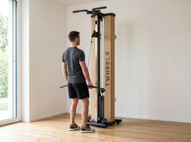 Überzüge mit gestreckten Armen (Pulldown) auf dem Fitness Seilzugturm aus Eichenholz – TWHEELS