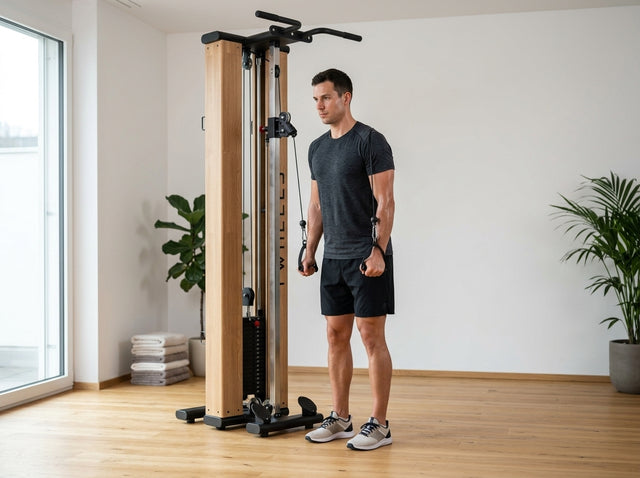 Trizepsdrücken am Kabel (Pushdown) auf dem Fitness Seilzugturm aus Eichenholz – TWHEELS