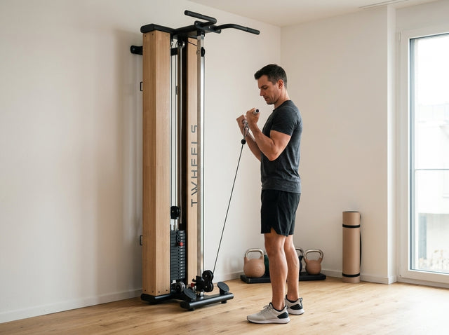 Bizeps-Curls am Kabel (Cable Curl) auf dem Fitness Seilzugturm aus Eichenholz – TWHEELS