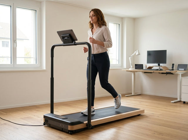 Zügiges Gehen bis leichtes Joggen (mit Handlauf) auf dem Walking Pad Laufband aus Eichenholz – TWHEELS