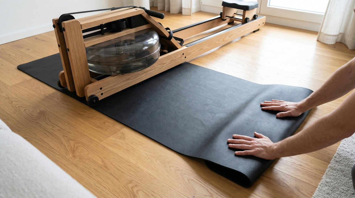 Bodenschutzmatte für Fitnessgeräte wird auf hellem Parkett ausgerollt, darauf steht der vordere Teil eines Wasserrudergeräts aus Eichenholz