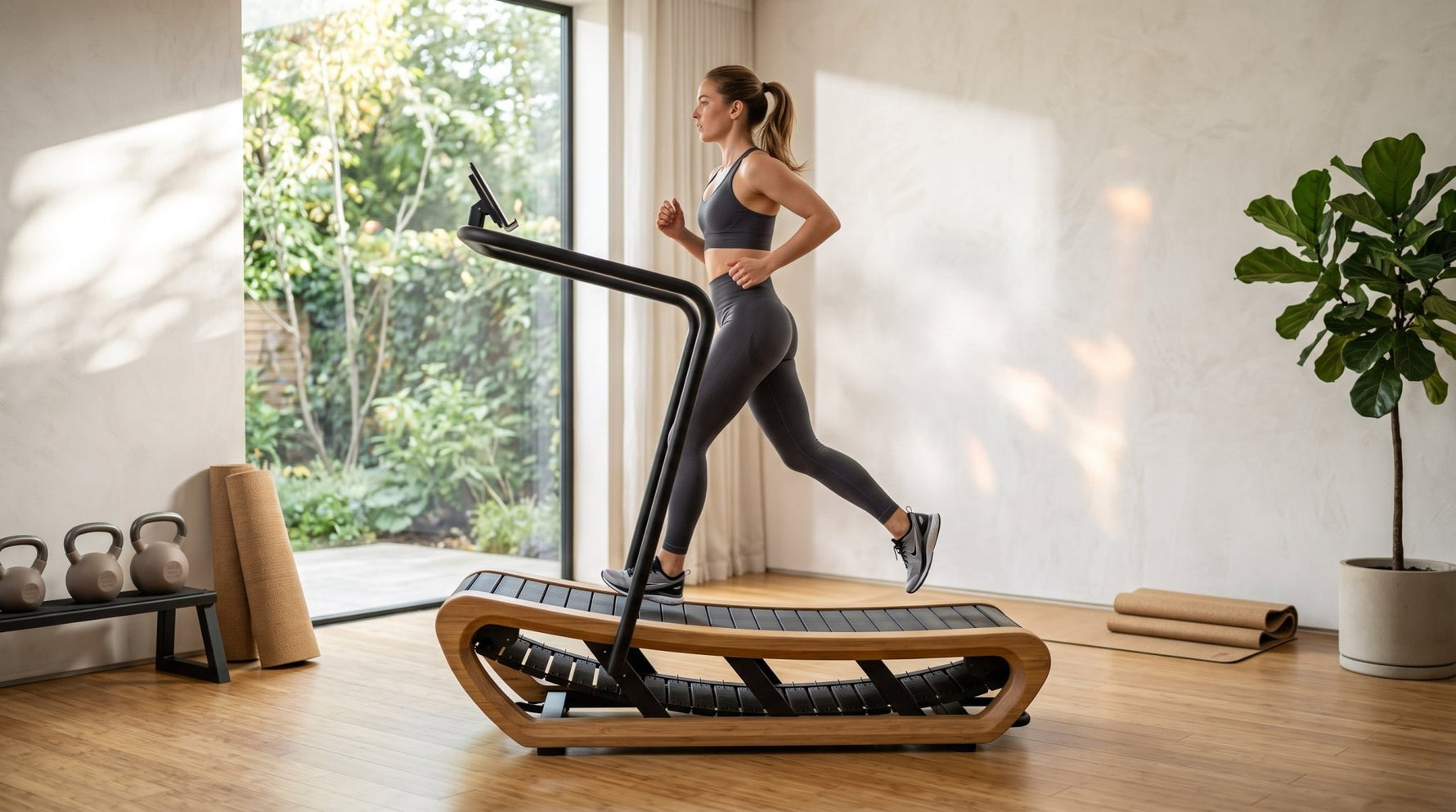 Frau sprintet auf der TWHEELS Sprinting Machine, einem Curved Laufband aus Holz