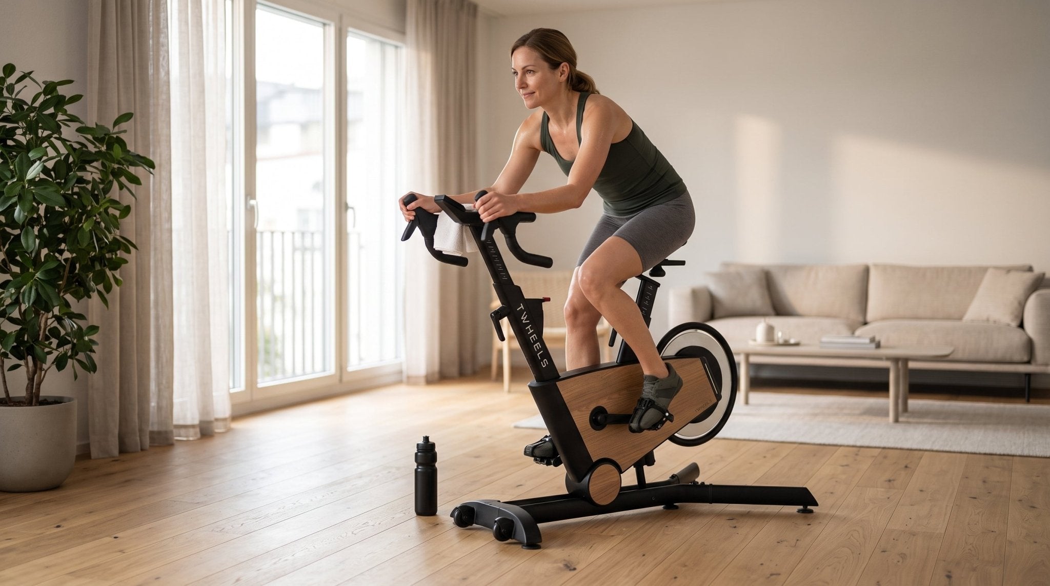 Frau trainiert am Morgen auf dem Indoor Bike aus Eichenholz im Wohnzimmer und verbrennt Kalorien