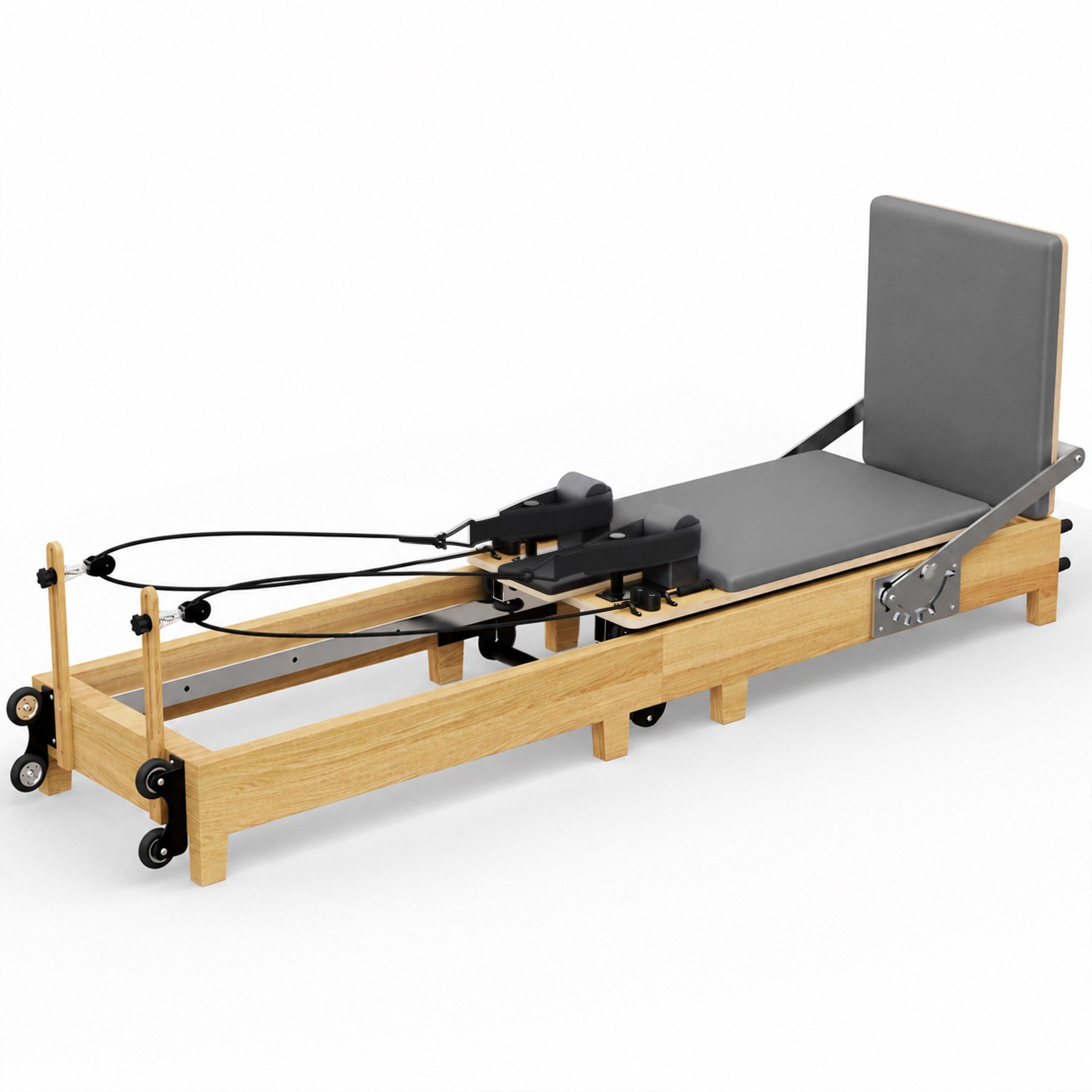 Pilates Reformer aus Ahornholz mit Seilzug, Fussstange und gepolstertem Wagen fürs Ganzkörper-Training zuhause