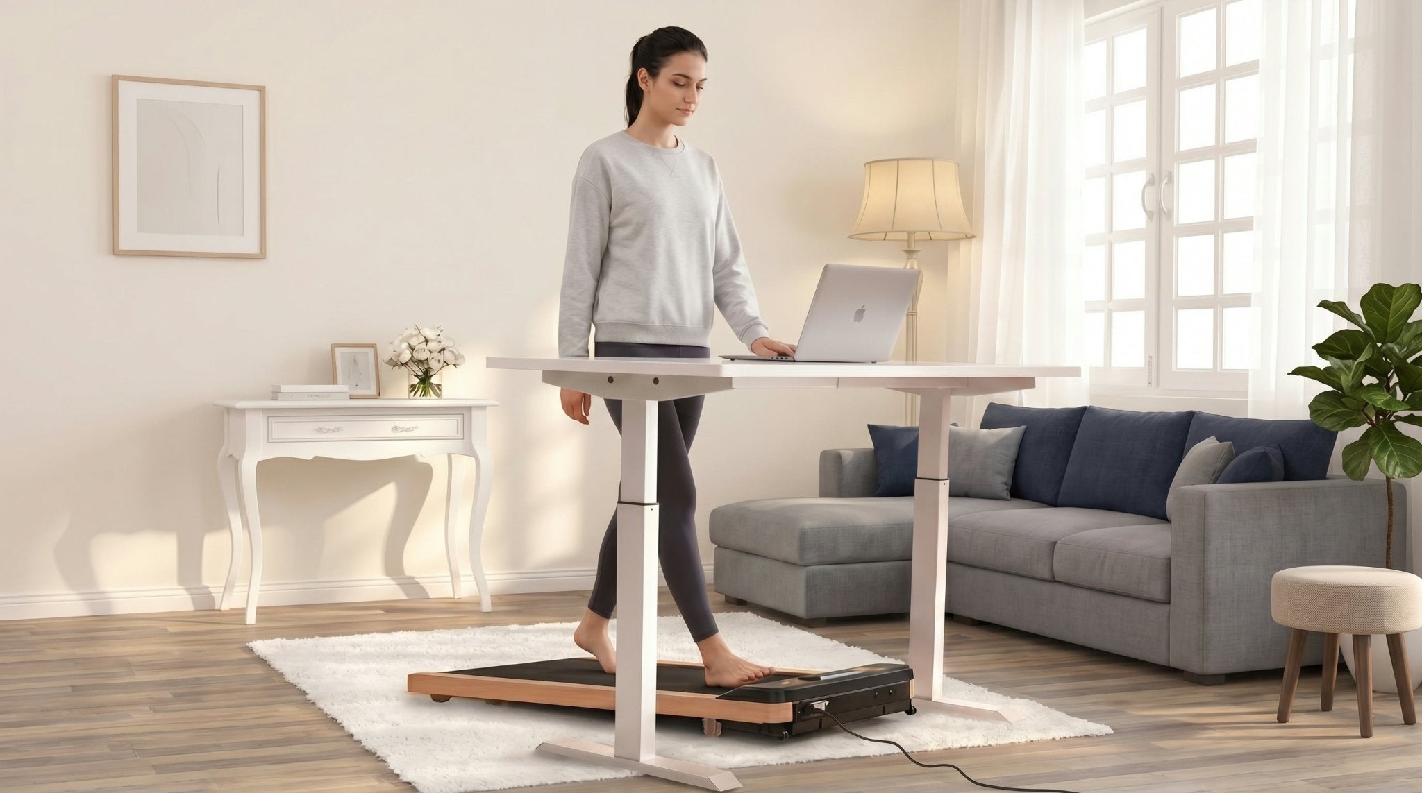TWHEELS Walking Pad aus Eichenholz unter einem höhenverstellbaren Schreibtisch in einem hellen Wohnzimmer