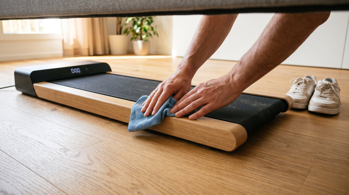 Hand wischt bei der Walking Pad Wartung mit weichem Tuch über den Laufgurt, daneben stehen saubere Turnschuhe auf hellem Parkett