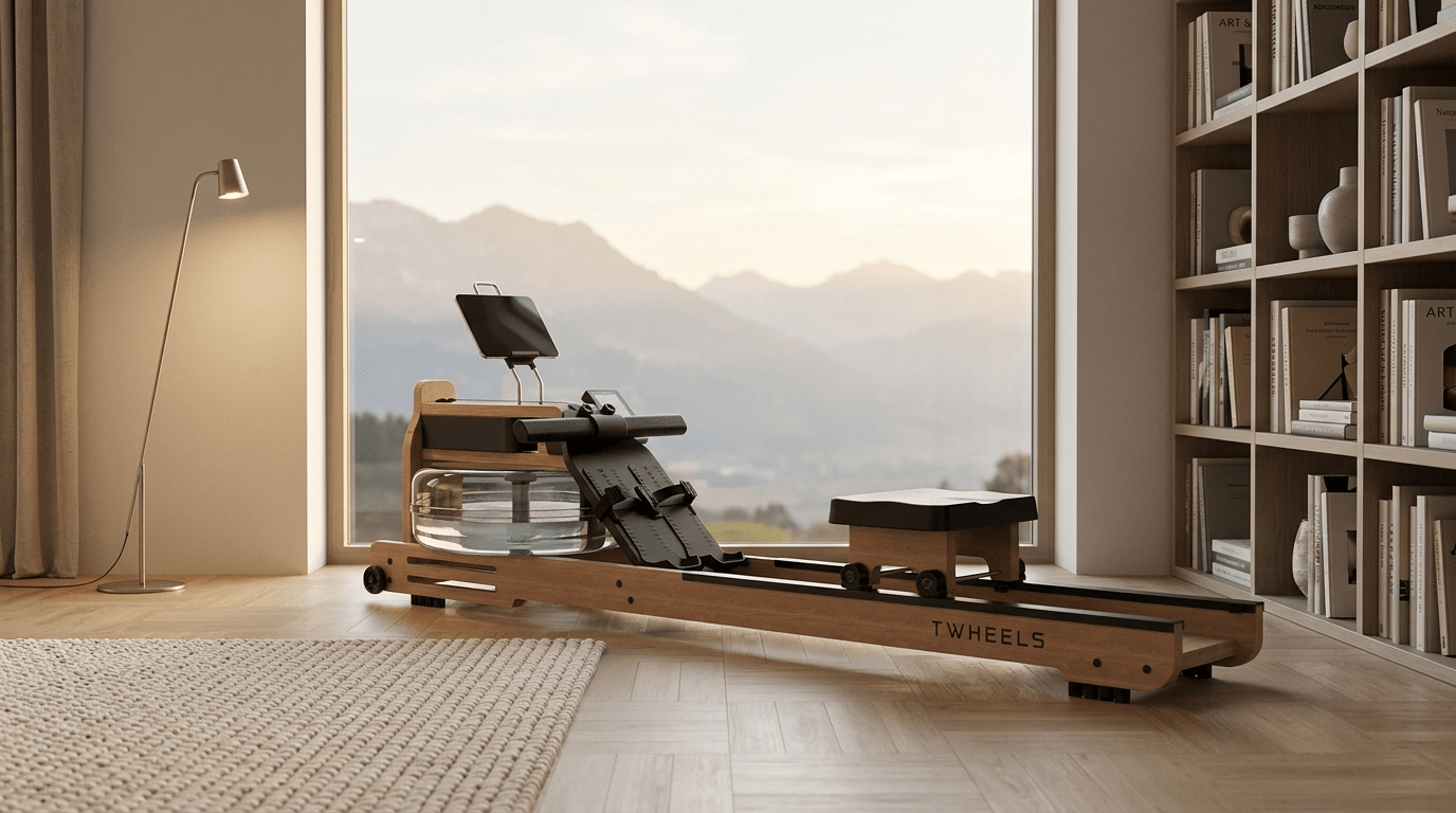 TWHEELS Wasserrudergeraet aus Eichenholz als Designmoebel im Wohnzimmer vor Panoramafenster