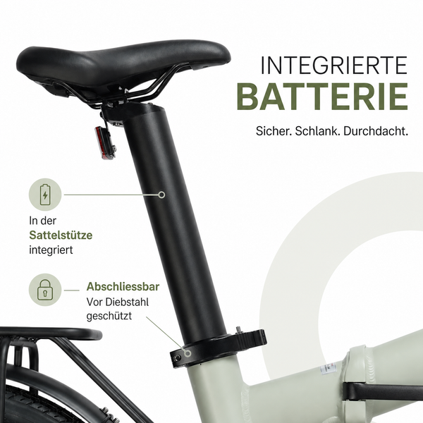 Herausnehmbarer Akku im Sattelrohr des TWHEELS E-Bike City Faltrad