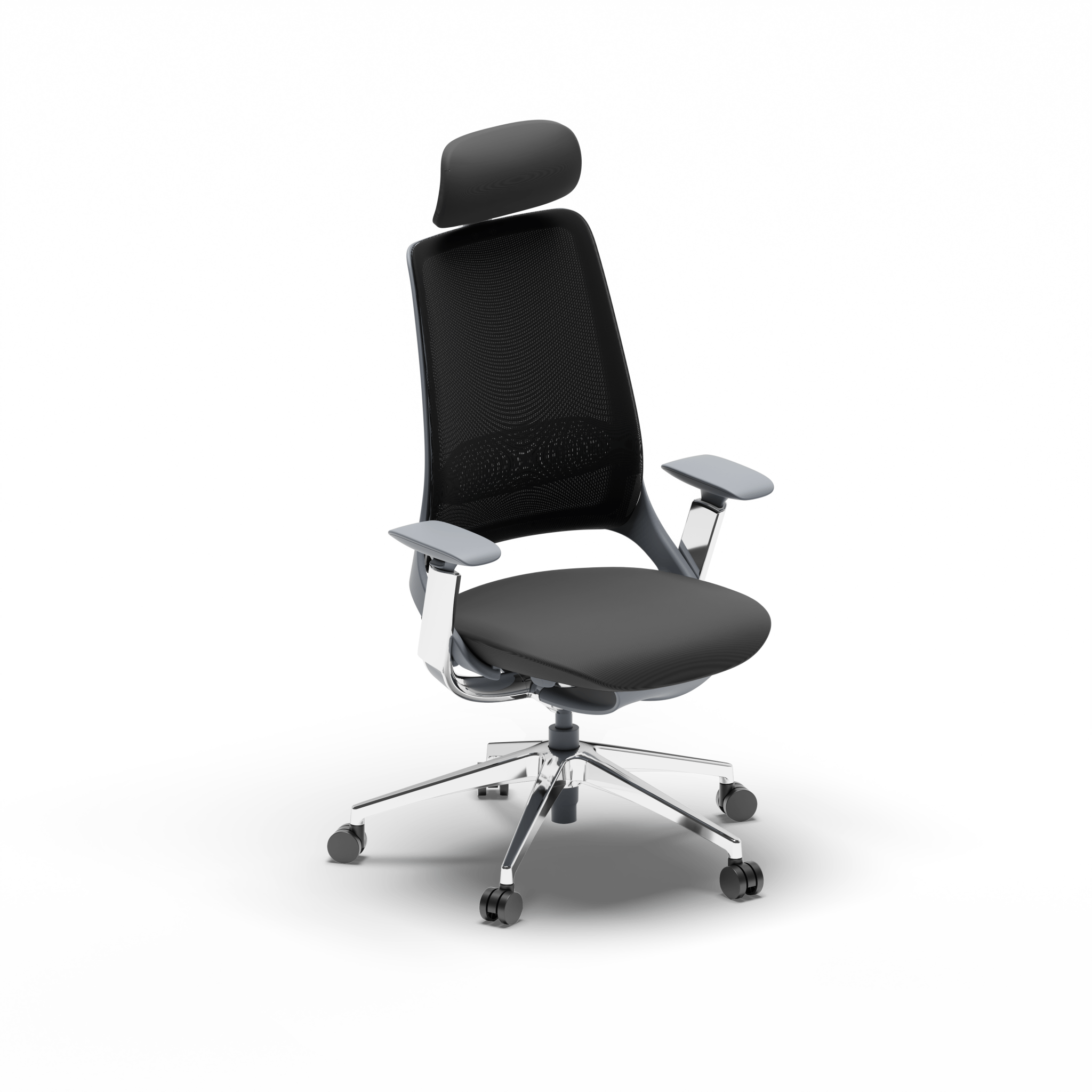 TWHEELS Bürostuhl ProActive mit schwarzem Air-Mesh-Rücken, Kopfstütze und 3D-Armlehnen.