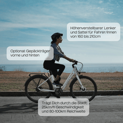 TWHEELS E-Bike City Classic mit LCD-Display und höhenverstellbarem Sitz.