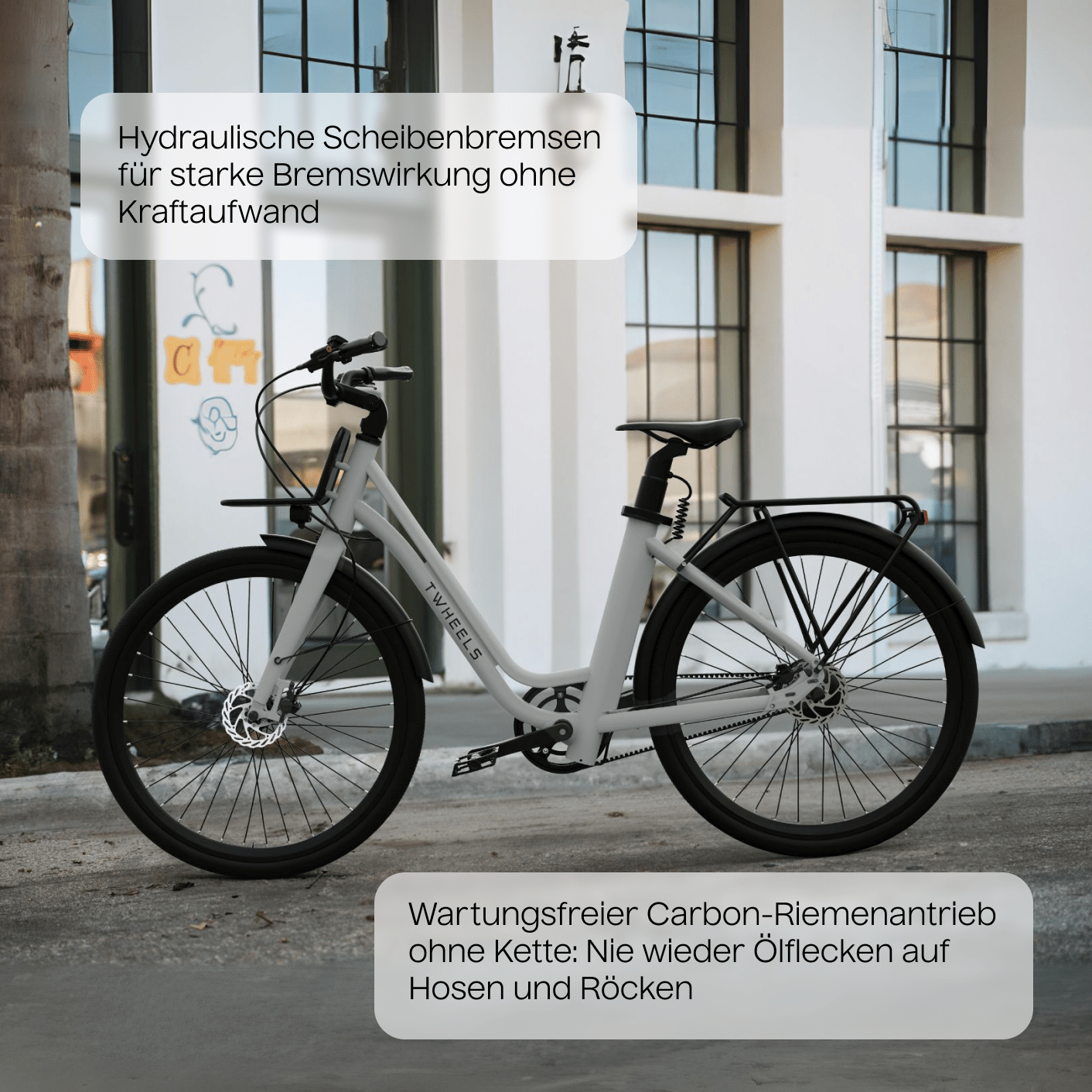 TWHEELS E-Bike City Classic mit Schutzblechen und wartungsarmem Riemenantrieb.