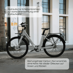 TWHEELS E-Bike City Classic mit Schutzblechen und wartungsarmem Riemenantrieb.