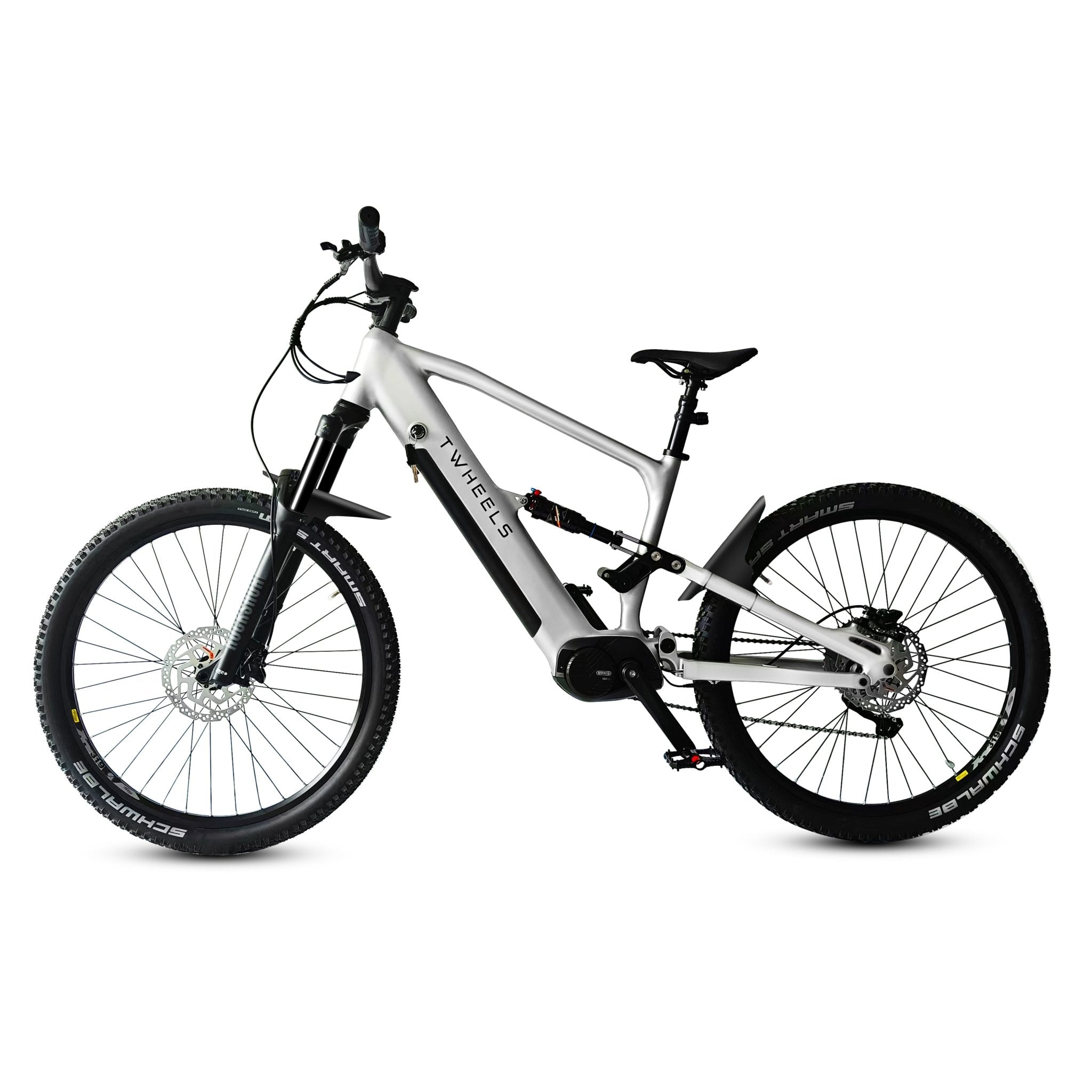 TWHEELS E-Mountainbike in Schwarz mit Vollfederung, Mittelmotor und dicken Stollenreifen.