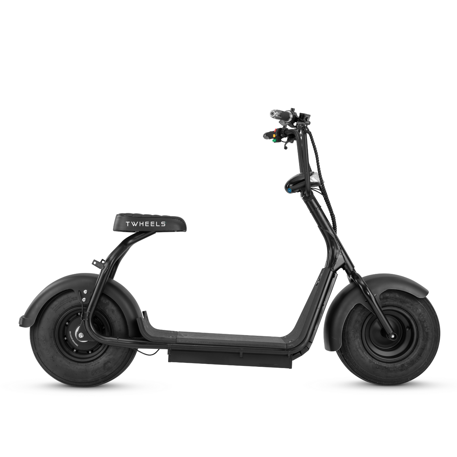 TWHEELS E-Roller in Matt-Schwarz mit Sitzbank und LED-Scheinwerfer.