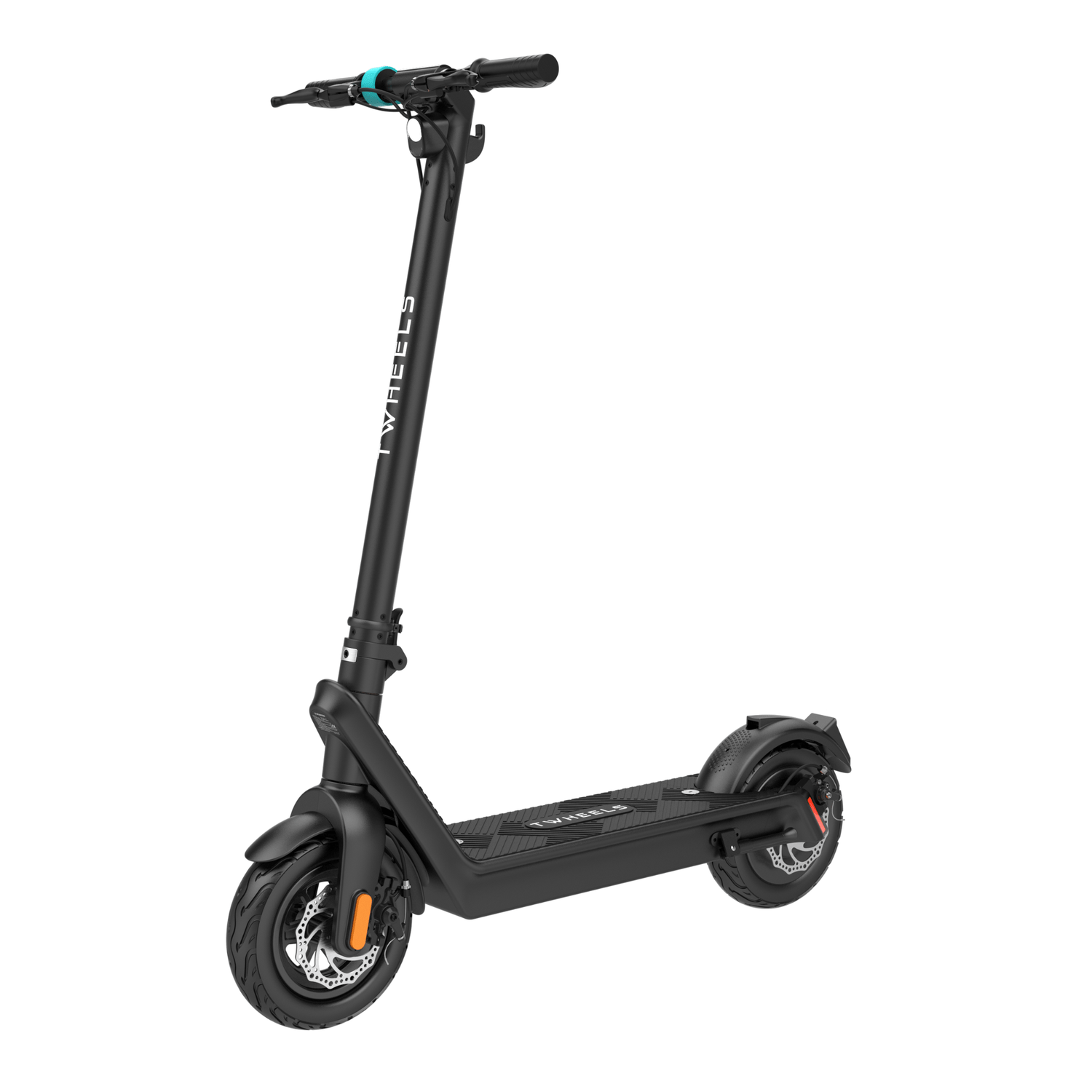 TWHEELS E-Scooter Pro in Schwarz mit türkisen Akzenten und breiten Reifen, Seitenansicht.