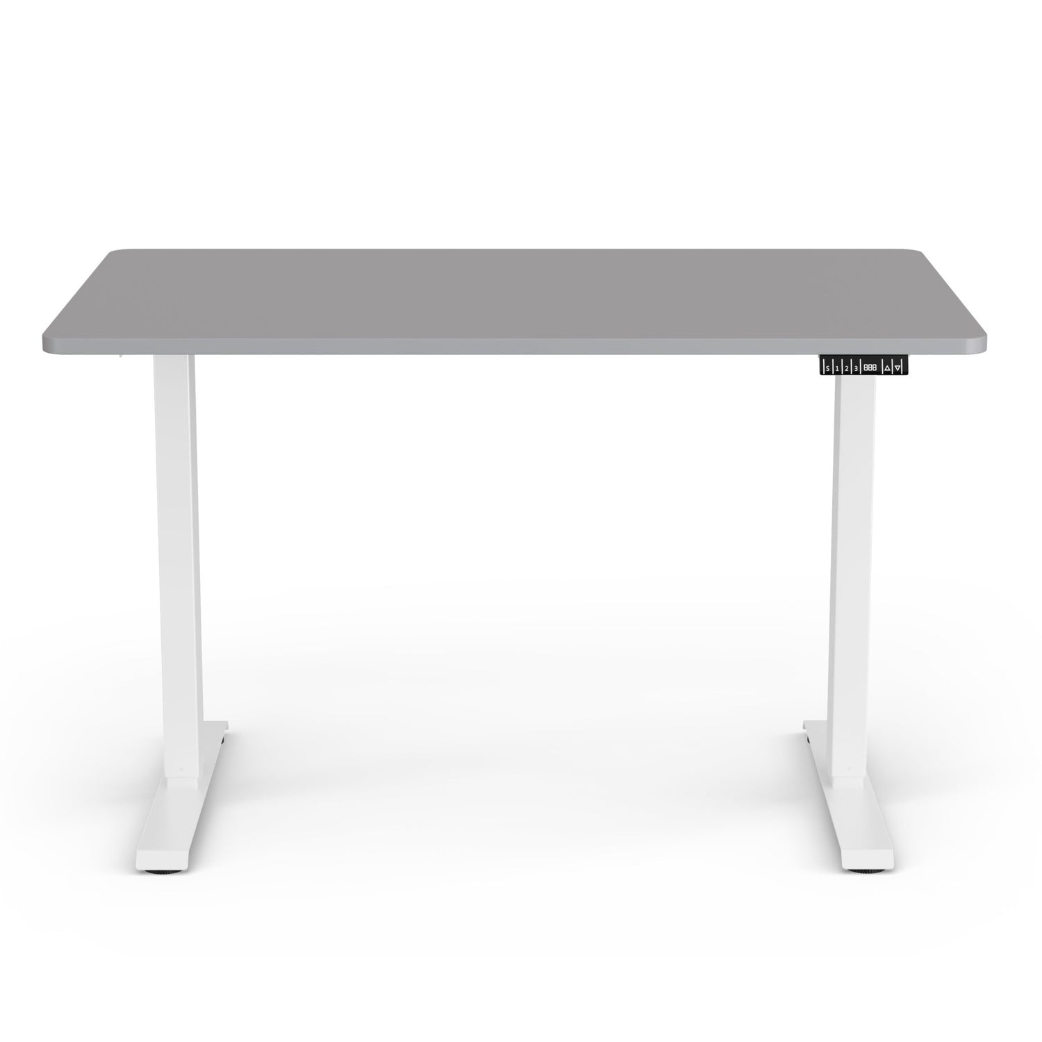Elektrisch höhenverstellbarer TWHEELS Schreibtisch mit heller Platte und schwarzem Gestell.
