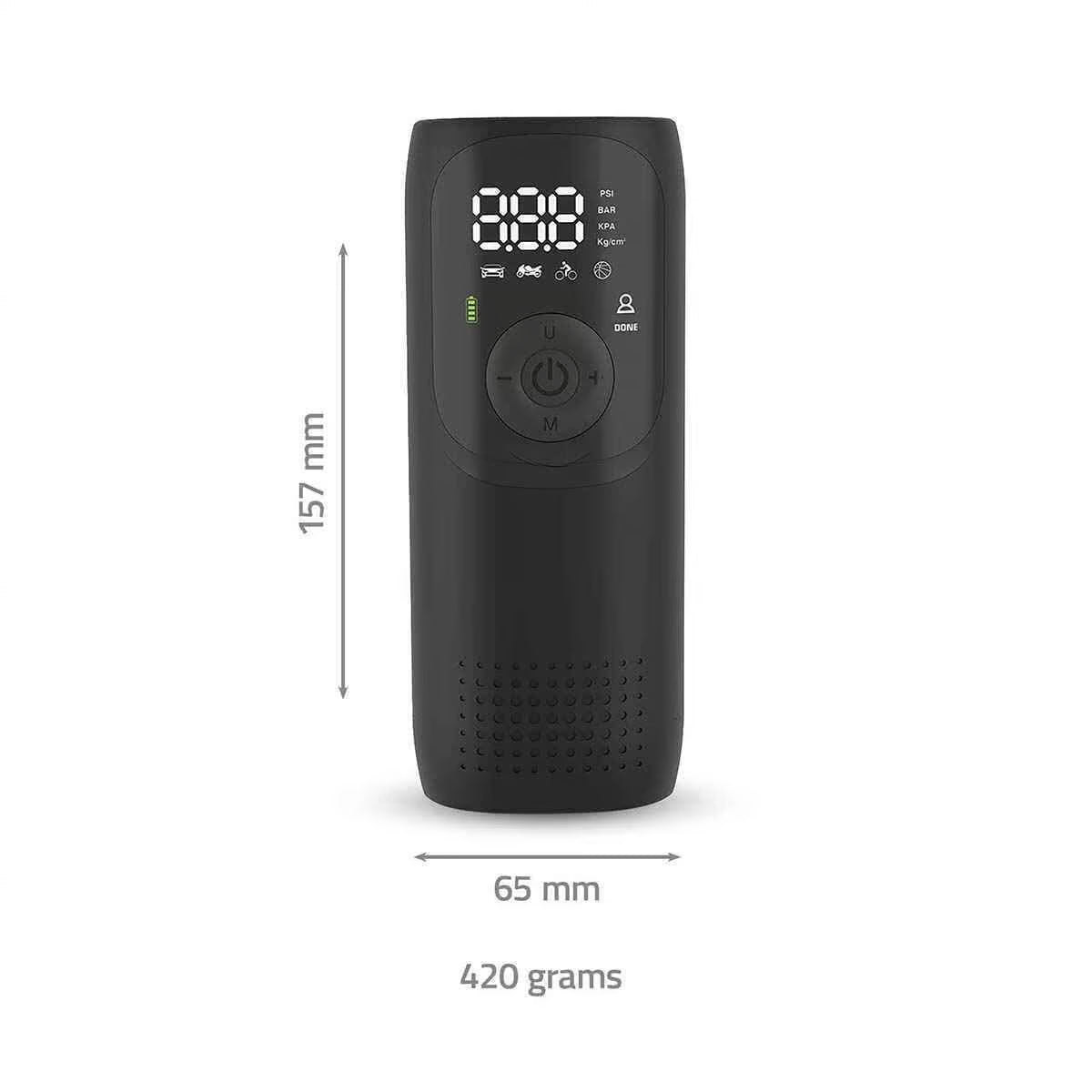 Schwarze, kompakte elektrische Pumpe mit Digitaldisplay, Tasten und Maßen (157x65mm, 420g).
