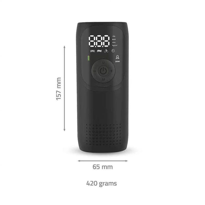 Schwarze, kompakte elektrische Pumpe mit Digitaldisplay, Tasten und Maßen (157x65mm, 420g).