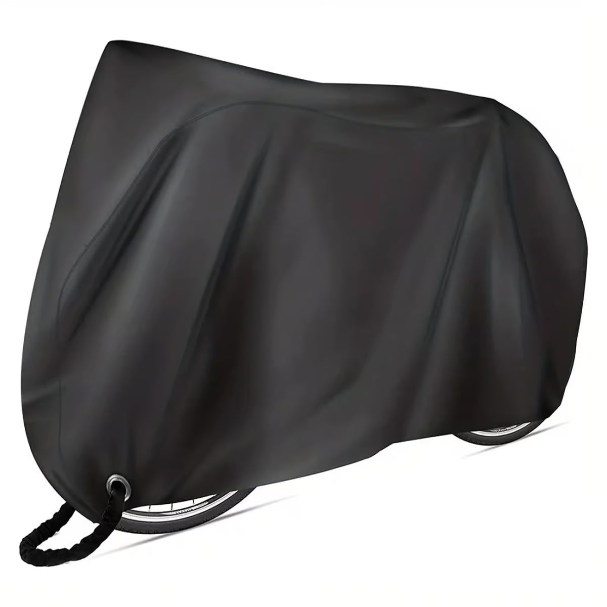 Schwarze wetterfeste Fahrradschutzhülle über einem E-Bike, schützt vor Regen, Sonne und Staub.