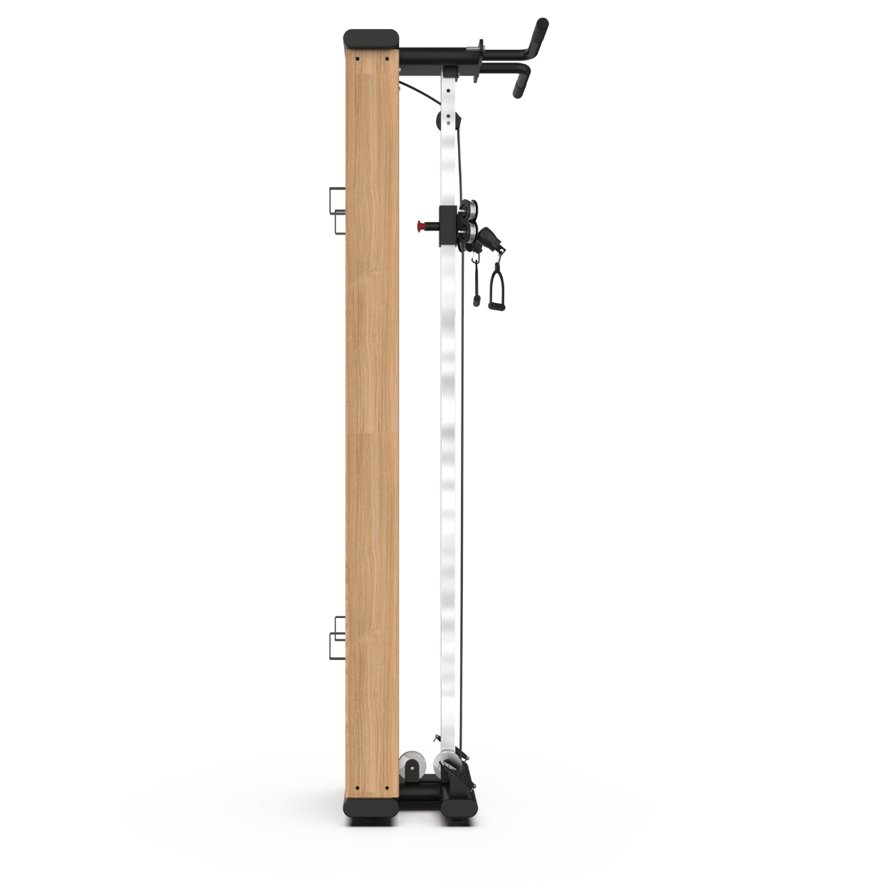 TWHEELS Fitness Seilzugturm aus Eichenholz mit zwei Seilzügen und schwarzen Gewichtsblöcken.