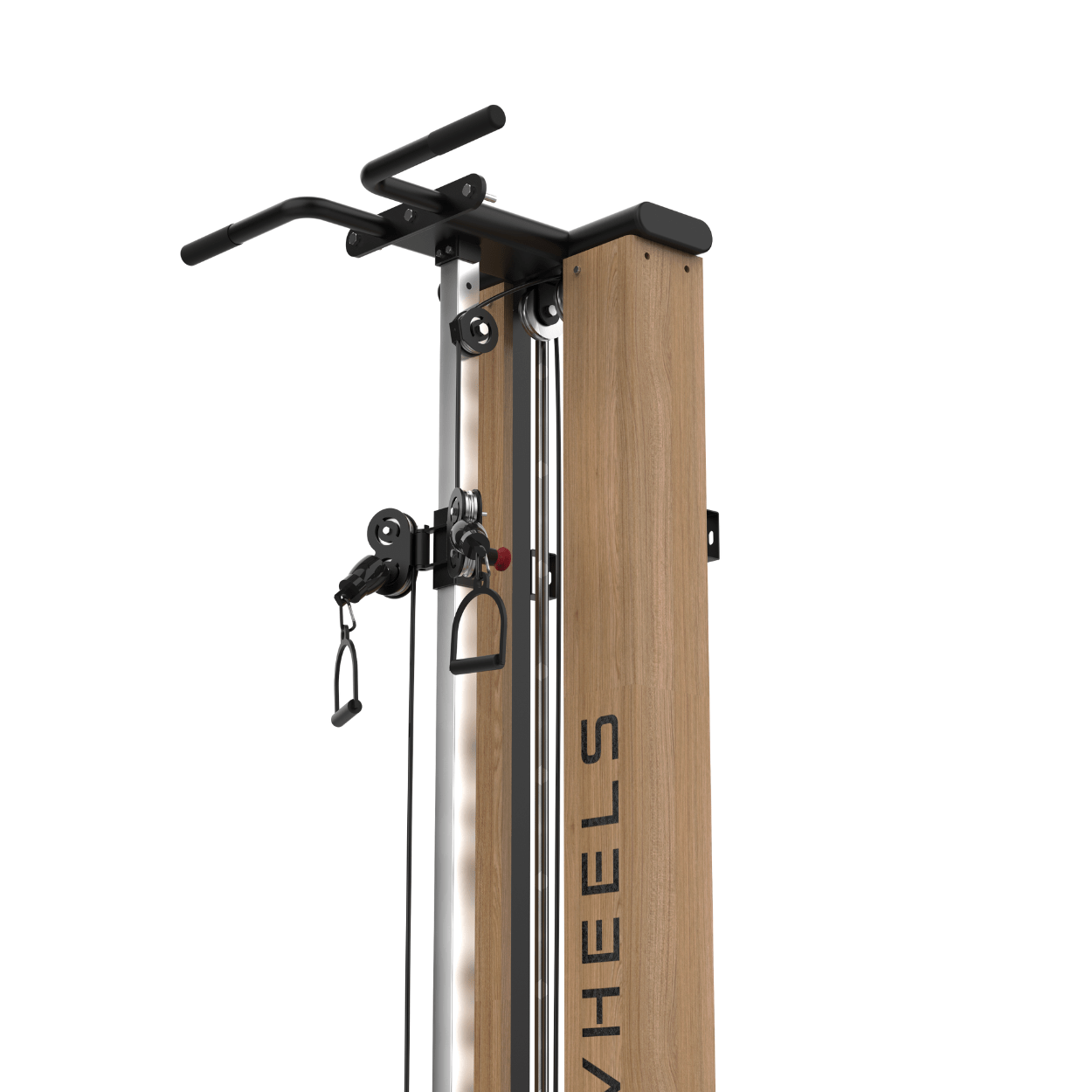 TWHEELS Fitness Seilzugturm aus Eichenholz mit Klimmzugstange und Gewichtsblöcken.