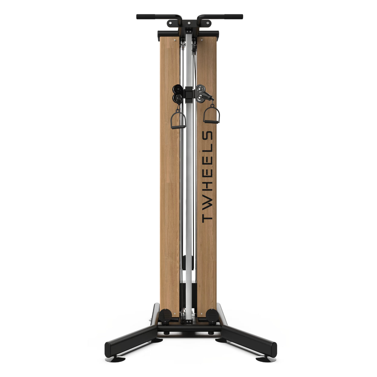 Eleganter TWHEELS Fitness Seilzugturm aus hellem Eichenholz mit schwarzen Stahlakzenten und Klimmzugstange.
