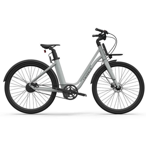 E-Bike City Classic in Grau mit montiertem Front-Gepäckträger, Seitenansicht