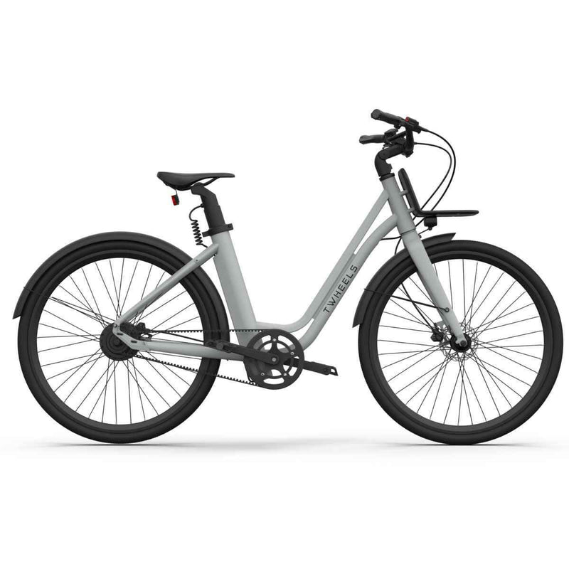 Graues E-Bike City Classic mit schwarzem Front-Gepäckträger, Schutzblechen und Riemenantrieb.