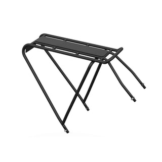 Schwarzer Gepäckträger aus Metall für E-Bike City Classic, robustes Design mit Montagepunkten.