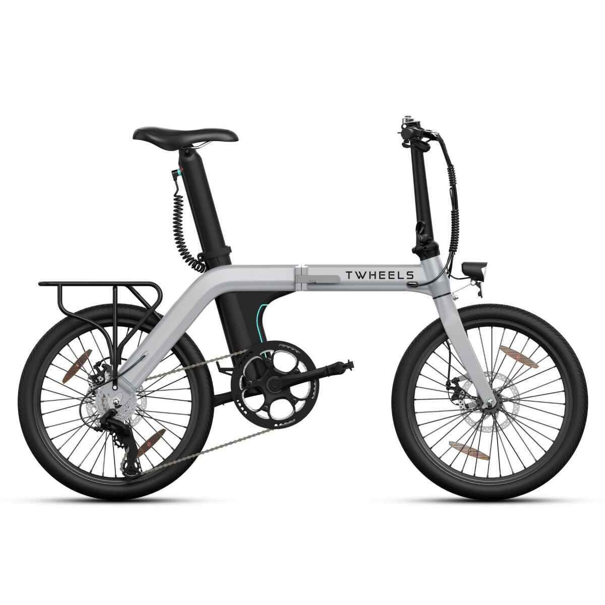 Silbernes E-Bike City Faltrad mit schwarzem Gepäckträger hinten.