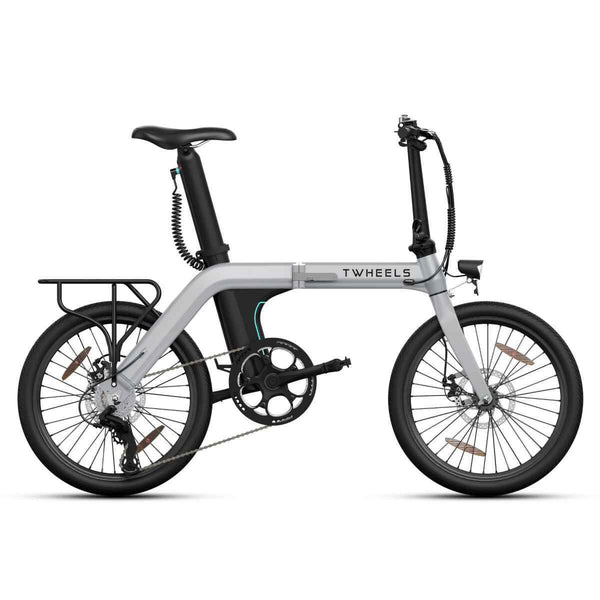 TWHEELS E-Bike City Faltrad mit montiertem Gepäckträger in Seitenansicht
