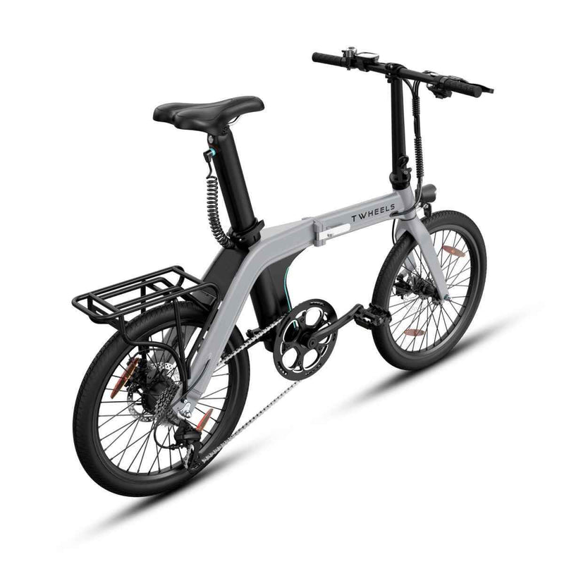 Graues E-Bike City Faltrad mit schwarzem, stabilem Gepäckträger am Heck.