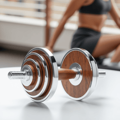 TWHEELS Hantelset in Holzoptik mit polierten Griffen und Holzständer.