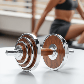 TWHEELS Hantelset in Holzoptik mit polierten Griffen und Holzständer.