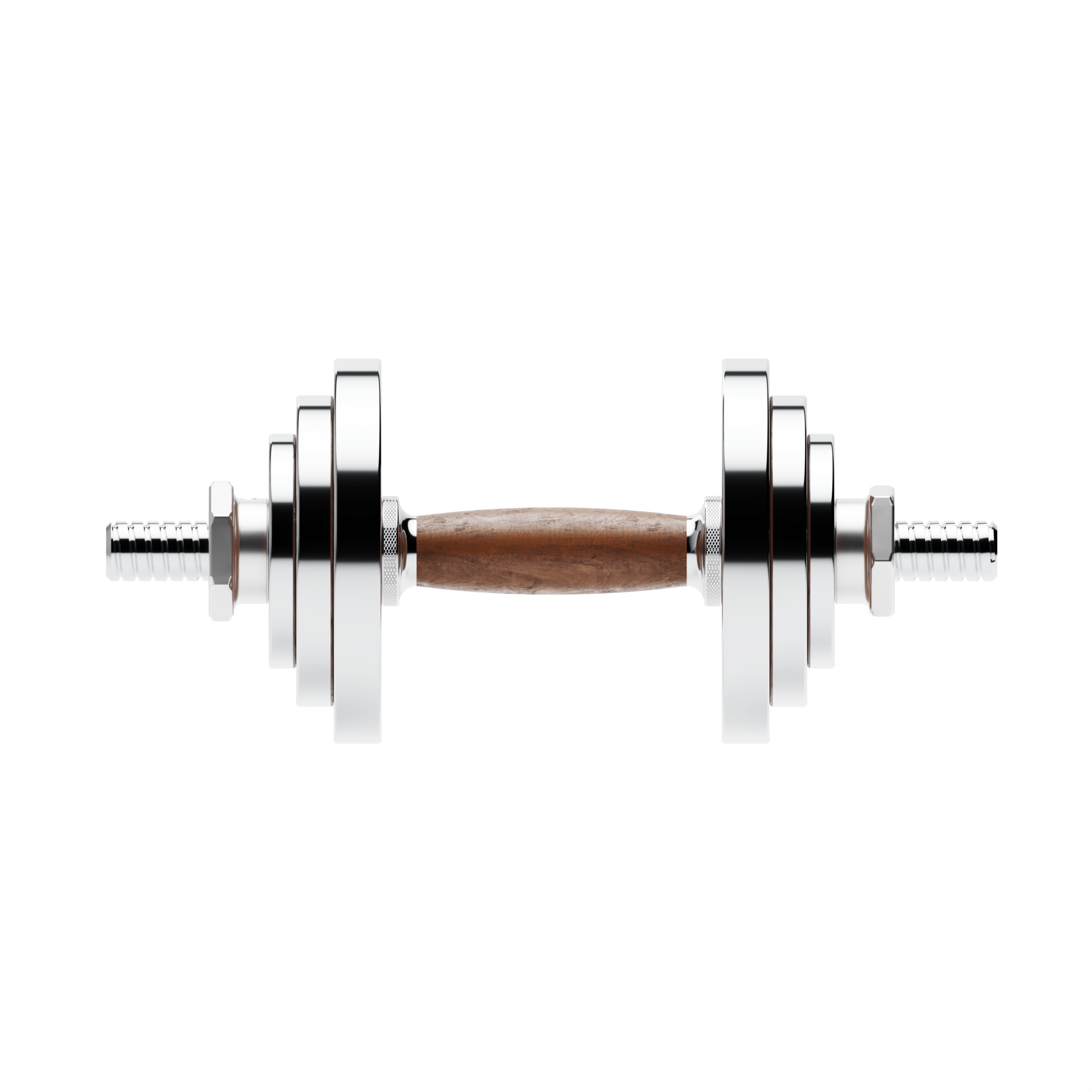 TWHEELS Hantel-Set in Holzoptik mit Ständer aus Walnussholz und polierten Griffen.