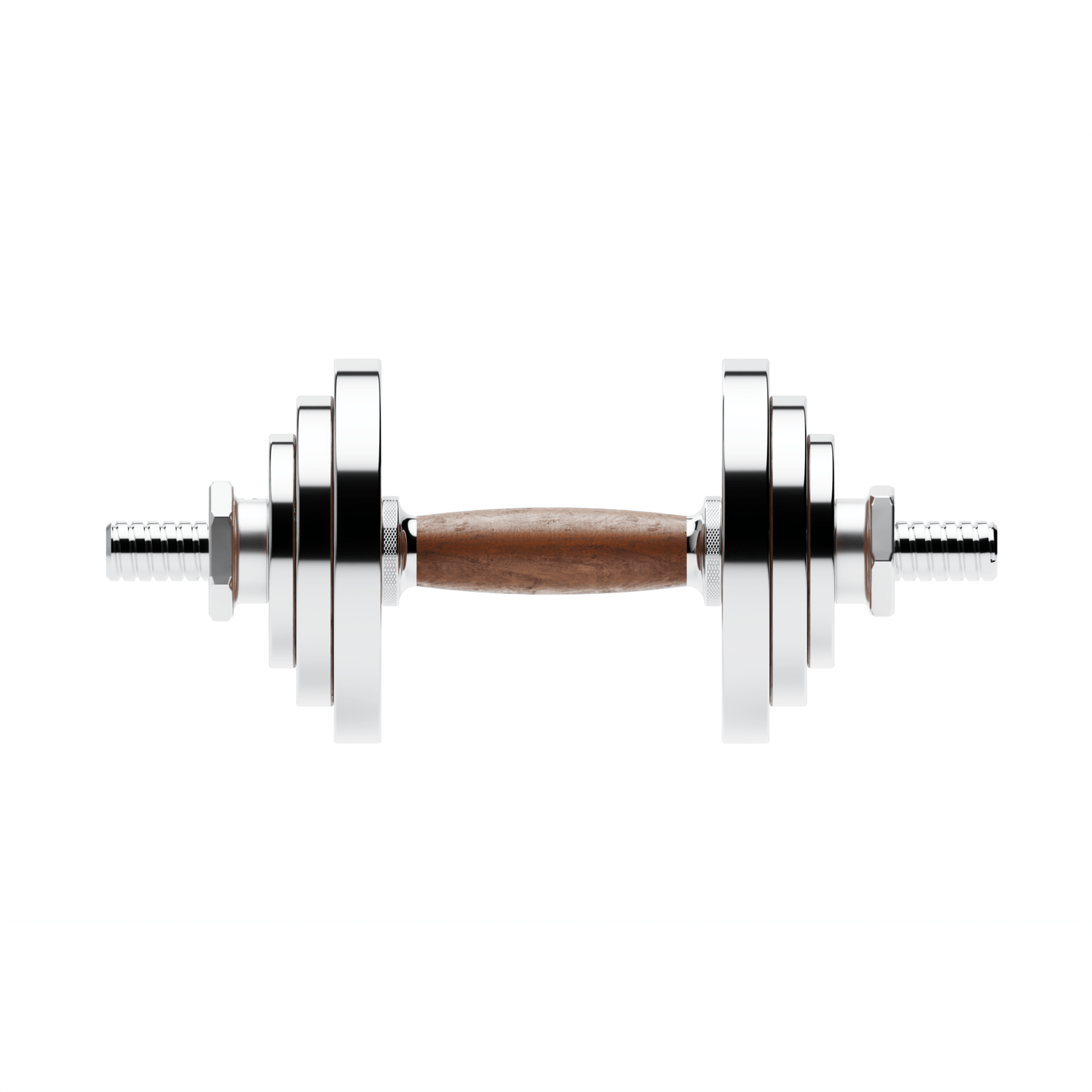TWHEELS Hantel-Set in Holzoptik mit Ständer aus Walnussholz und polierten Griffen.