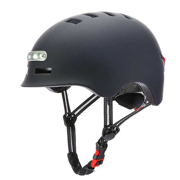 LED Helm in Schwarz Matt, Seitenansicht mit Kinnriemen und Frontleuchte