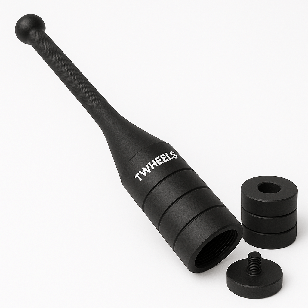 TWHEELS Mace Bell aus Stahl mit verstellbaren Gewichtsblöcken von 12 bis 16 kg.
