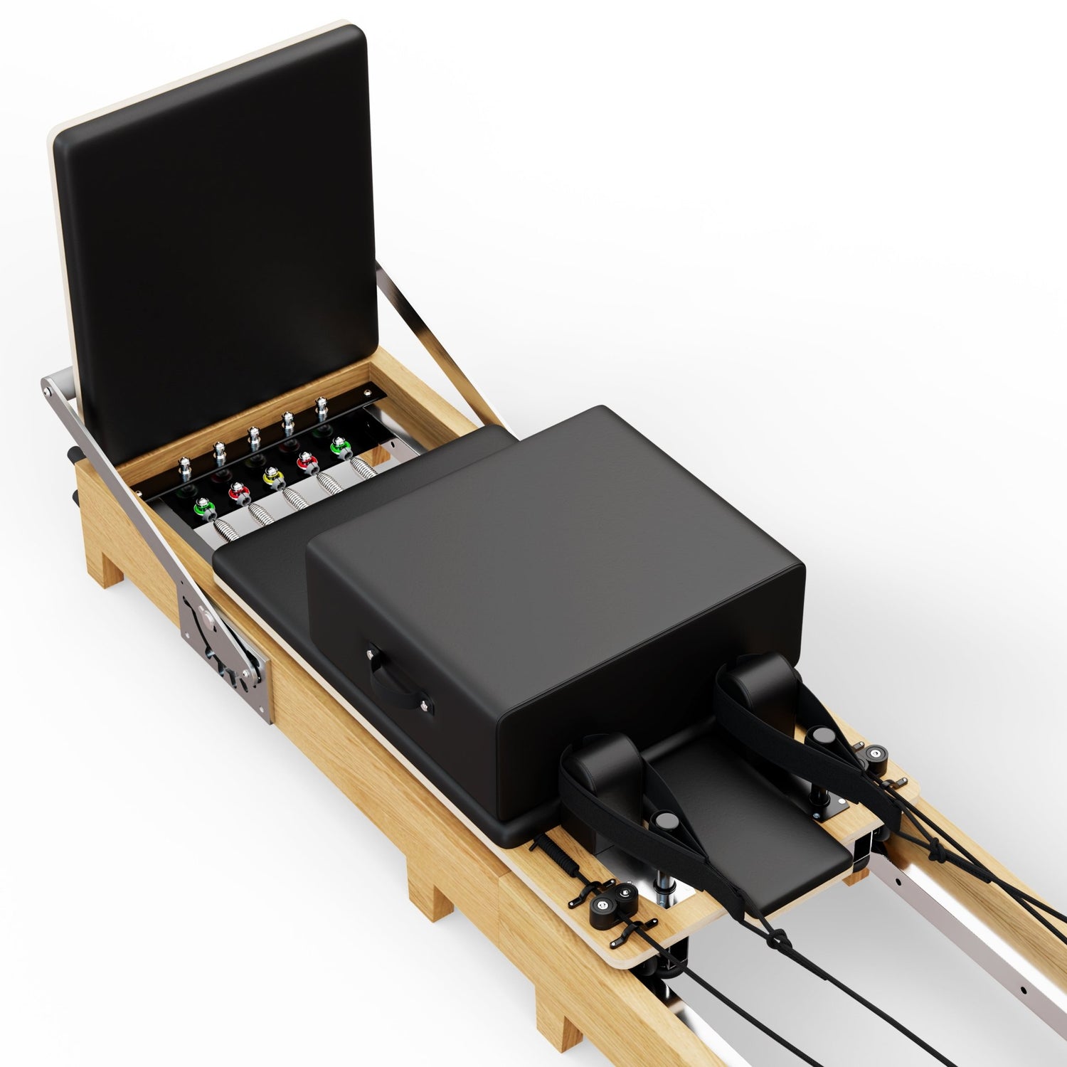 TWHEELS Pilates Reformer aus Ahornholz mit Schlitten und Schienensystem.