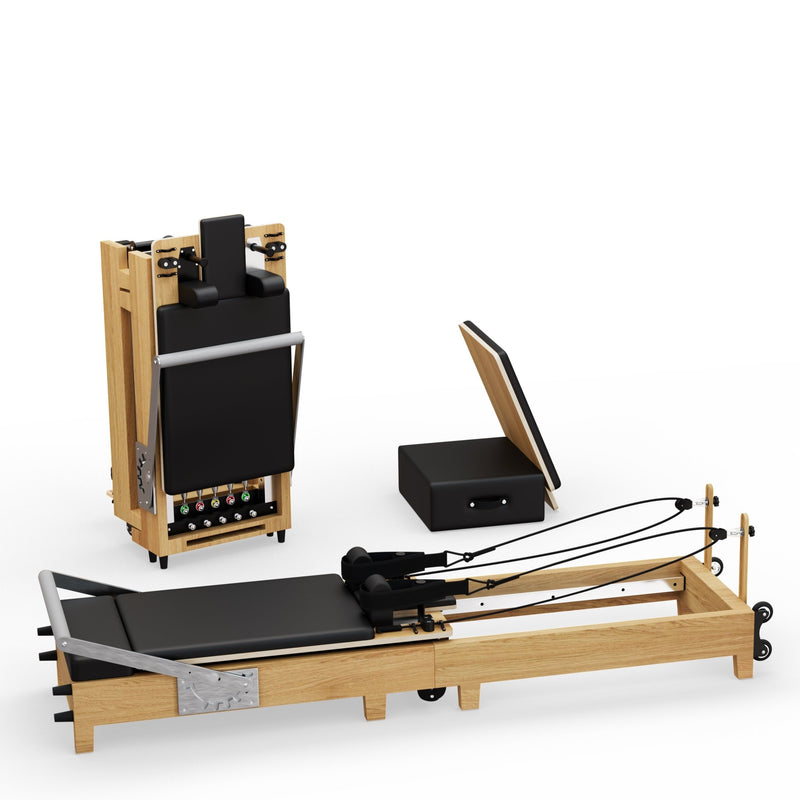 Faltbarer TWHEELS Pilates Reformer aus Ahornholz fürs Home-Studio.