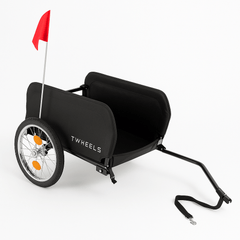 Schwarzer TWHEELS Veloanhänger mit zwei Rädern und Kupplung für E-Bike und Fahrrad.