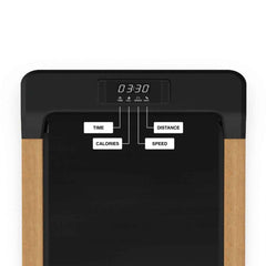 Elegantes TWHEELS Walking Pad Laufband aus Eichenholz mit schwarzer Lauffläche und digitalem Display.