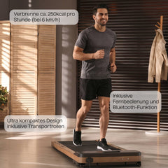 TWHEELS Walking Pad Laufband aus hellem Eichenholz mit schwarzer Lauffläche und LCD-Display.