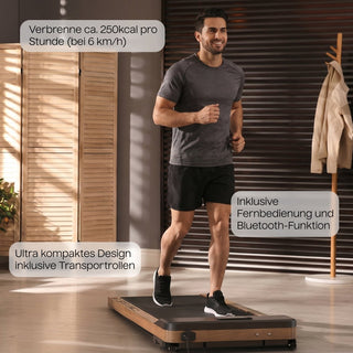 TWHEELS Walking Pad Laufband aus hellem Eichenholz mit schwarzer Lauffläche und LCD-Display.