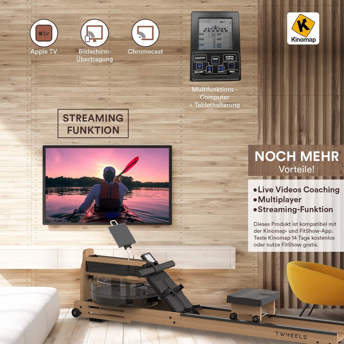 TWHEELS Wasserrudergerät aus Eichenholz mit LCD-Display für alle Trainingsdaten.