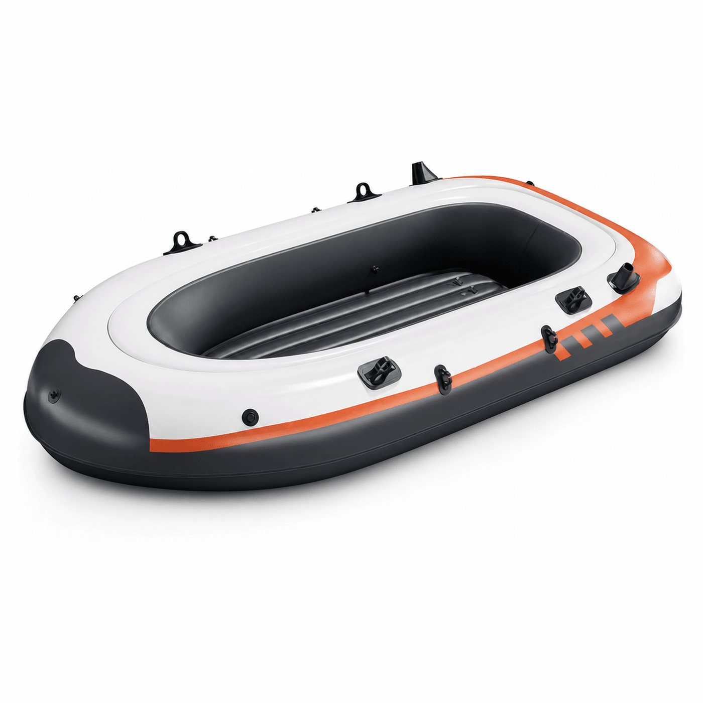 Aufblasbares TWHEELS Schlauchboot für 3 Personen in Weiss, Orange und Dunkelgrau auf weissem Hintergrund.