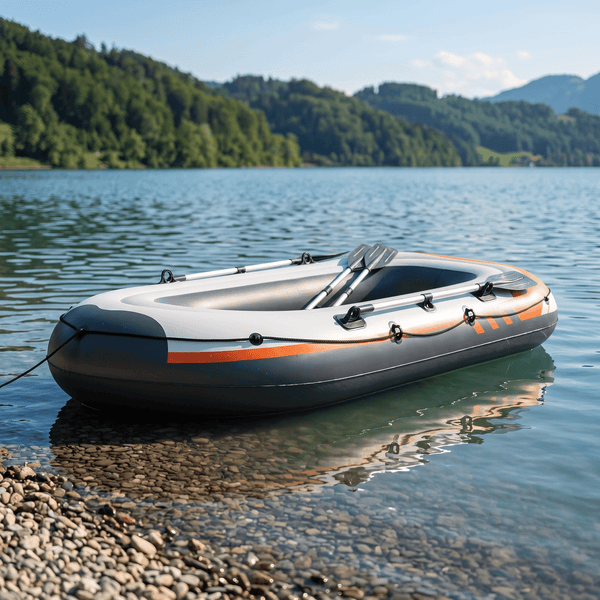 TWHEELS Schlauchboot mit zwei Paddeln auf dem Wasser am Ufer eines Schweizer Sees