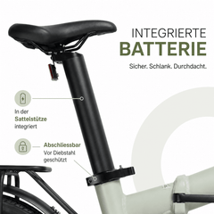 Im Sattelrohr integrierter, abschliessbarer Akku des TWHEELS E-Bike City Faltrad.