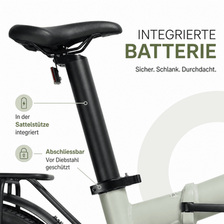 Im Sattelrohr integrierter, abschliessbarer Akku des TWHEELS E-Bike City Faltrad.